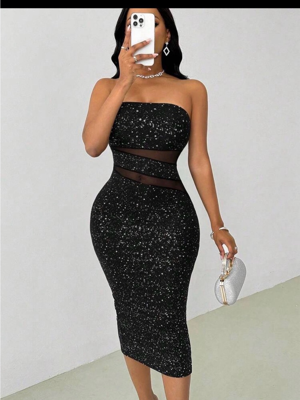SHEIN Black Sparkle Strapless Mesh Cutout Midi Dress